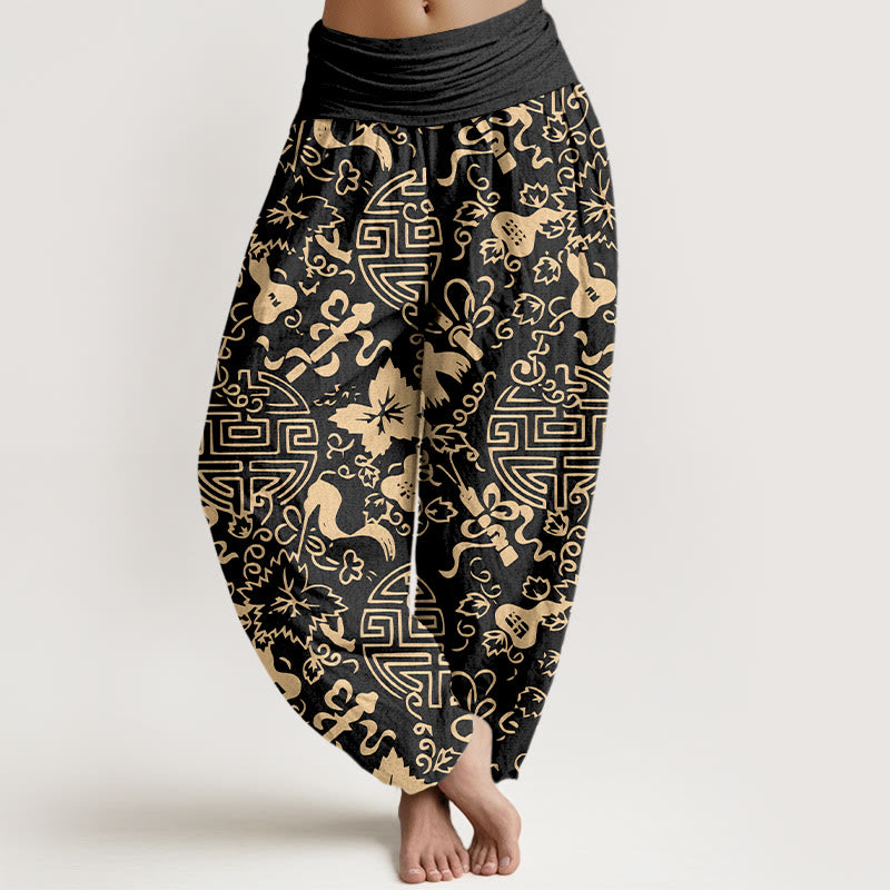 Buddha Stones, reine Baumwolle, chinesisches Schriftzeichen, Kürbis-Glückssymbol, Damen-Haremshose mit elastischem Bund - Schwarz - US16, UK/AU20, EU48 (3XL) - image 0