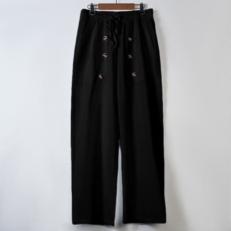 Buddha Stones Lässige, einfarbige Baumwollhose mit Knöpfen und Taschen für Herren - image 7