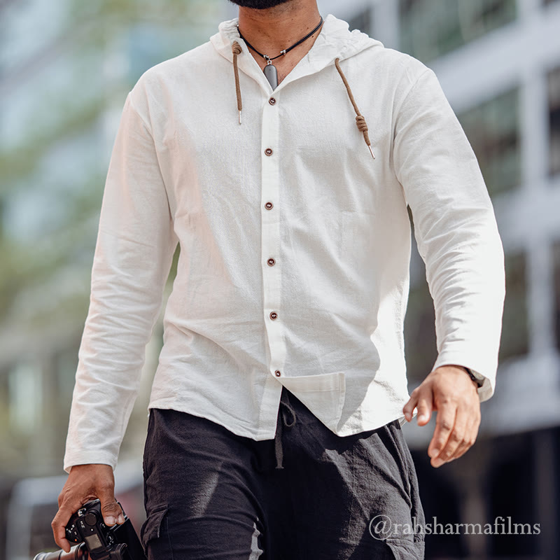 Buddha Stones Einfarbiges Langarm-Herrenhemd aus Leinen mit Kapuze und Kordelzug - Weiß - US/ UK/AU44, EU54 (3XL) - image 0