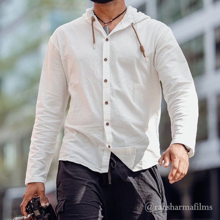 Buddha Stones Einfarbiges Langarm-Herrenhemd aus Leinen mit Kapuze und Kordelzug - Weiß - US/ UK/AU44, EU54 (3XL) - image 0