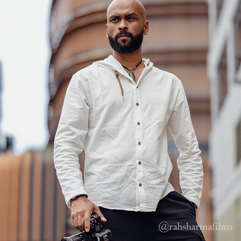 Buddha Stones Einfarbiges Langarm-Herrenhemd aus Leinen mit Kapuze und Kordelzug - image 1