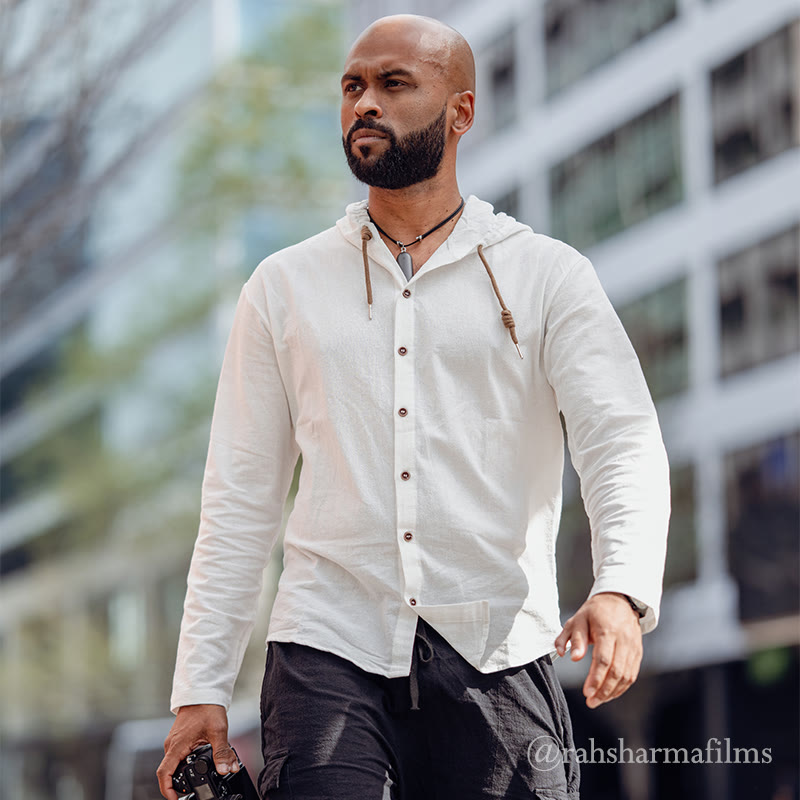 Buddha Stones Einfarbiges Langarm-Herrenhemd aus Leinen mit Kapuze und Kordelzug - image 2