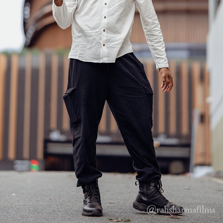 Buddha Stones Herren-Cargohose aus Leinen mit Kordelzug und Taschen - Schwarz - US/ UK/AU46, EU56 (3XL) - image 0