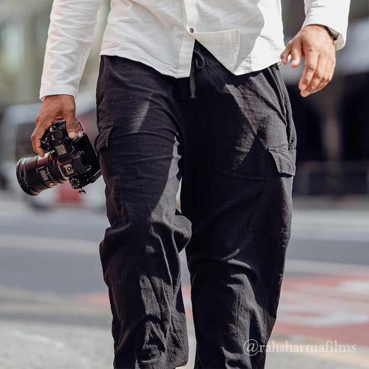 Buddha Stones Herren-Cargohose aus Leinen mit Kordelzug und Taschen - image 2