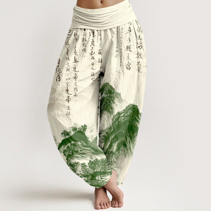 Buddha Stones, reine Baumwolle, chinesische Kalligrafie, Landschaftsmalerei, Damen-Haremshose mit elastischem Bund - Beige - US16, UK/AU20, EU48 (3XL) - image 0