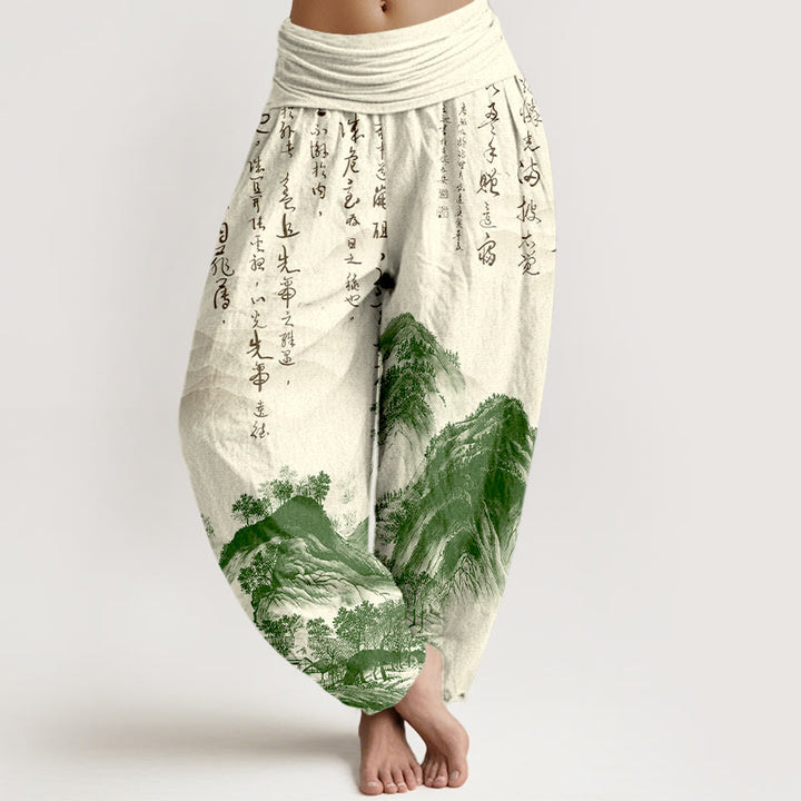 Buddha Stones, reine Baumwolle, chinesische Kalligrafie, Landschaftsmalerei, Damen-Haremshose mit elastischem Bund - Beige - US16, UK/AU20, EU48 (3XL) - image 0