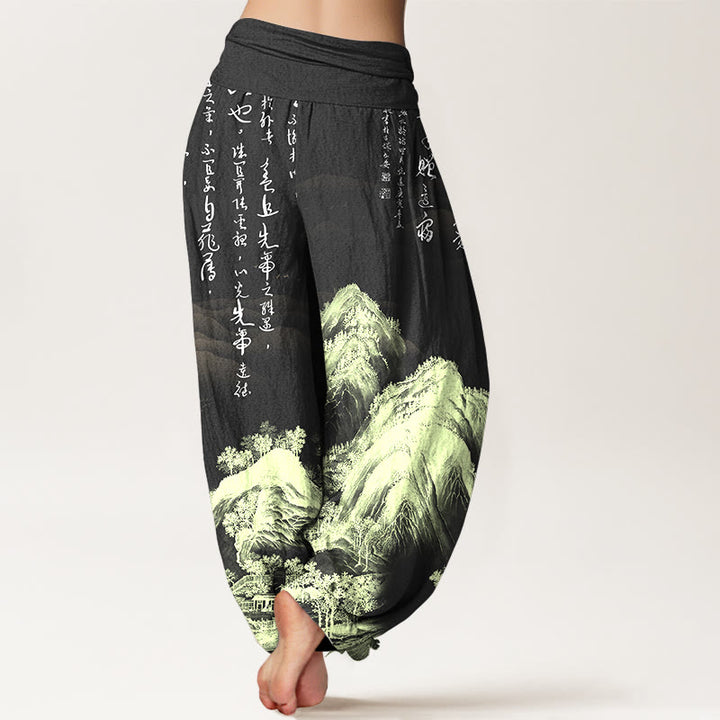 Buddha Stones, reine Baumwolle, chinesische Kalligrafie, Landschaftsmalerei, Damen-Haremshose mit elastischem Bund - image 6