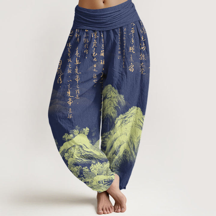 Buddha Stones, reine Baumwolle, chinesische Kalligrafie, Landschaftsmalerei, Damen-Haremshose mit elastischem Bund - Dunkelblau - US16, UK/AU20, EU48 (3XL) - image 8