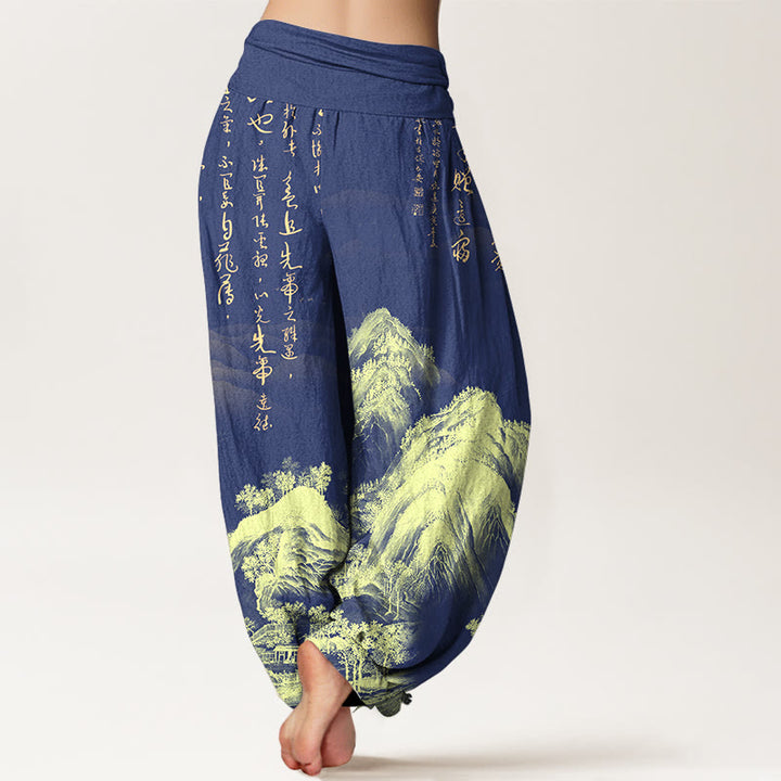 Buddha Stones, reine Baumwolle, chinesische Kalligrafie, Landschaftsmalerei, Damen-Haremshose mit elastischem Bund - image 9