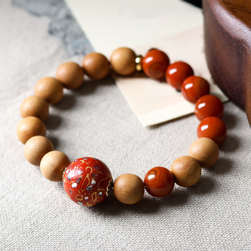 Buddha Stones ​​Lackperlen-Armband aus Sandelholz, südrotem Achat - Sandelholz (Handgelenkumfang: 14-16 cm) - image 1