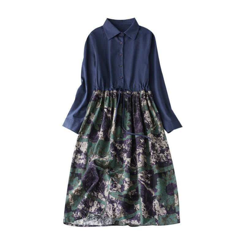 Buddha Stones Herbstbedrucktes Patchwork-Design Leinen-Midikleid mit Kordelzug, langen Ärmeln und Taschen - image 9