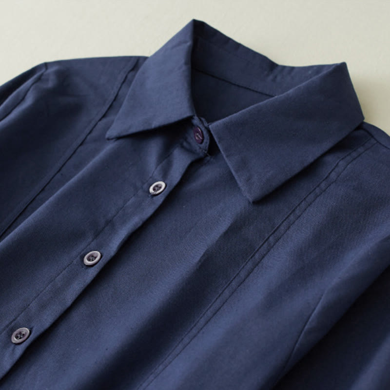 Buddha Stones Herbstbedrucktes Patchwork-Design Leinen-Midikleid mit Kordelzug, langen Ärmeln und Taschen - image 3