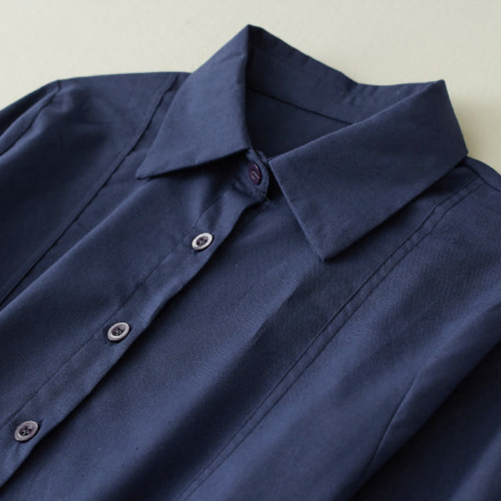 Buddha Stones Herbstbedrucktes Patchwork-Design Leinen-Midikleid mit Kordelzug, langen Ärmeln und Taschen - image 3