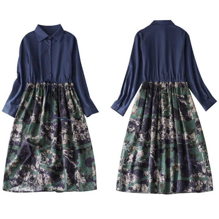 Buddha Stones Herbstbedrucktes Patchwork-Design Leinen-Midikleid mit Kordelzug, langen Ärmeln und Taschen - image 10