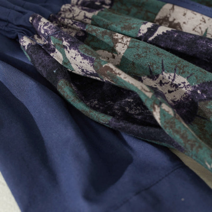 Buddha Stones Herbstbedrucktes Patchwork-Design Leinen-Midikleid mit Kordelzug, langen Ärmeln und Taschen - image 6