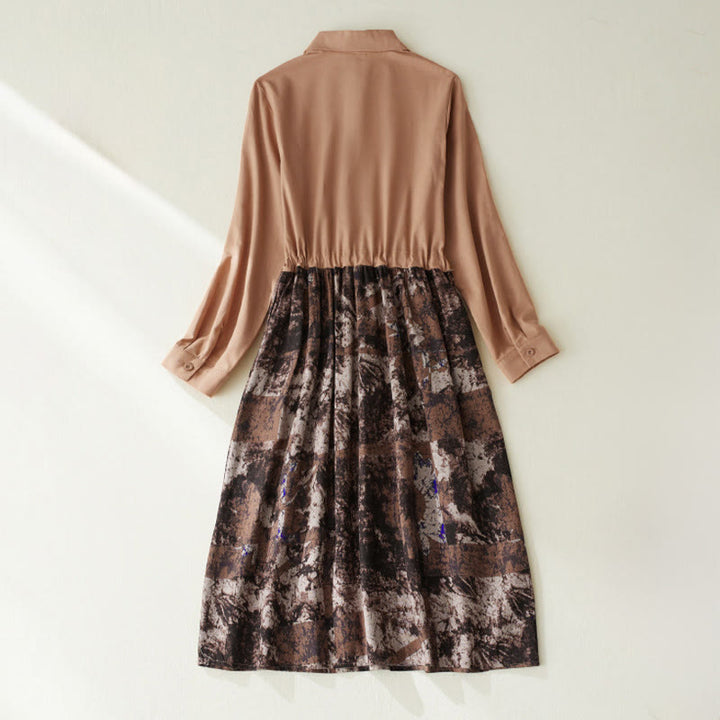 Buddha Stones Herbstbedrucktes Patchwork-Design Leinen-Midikleid mit Kordelzug, langen Ärmeln und Taschen - image 12