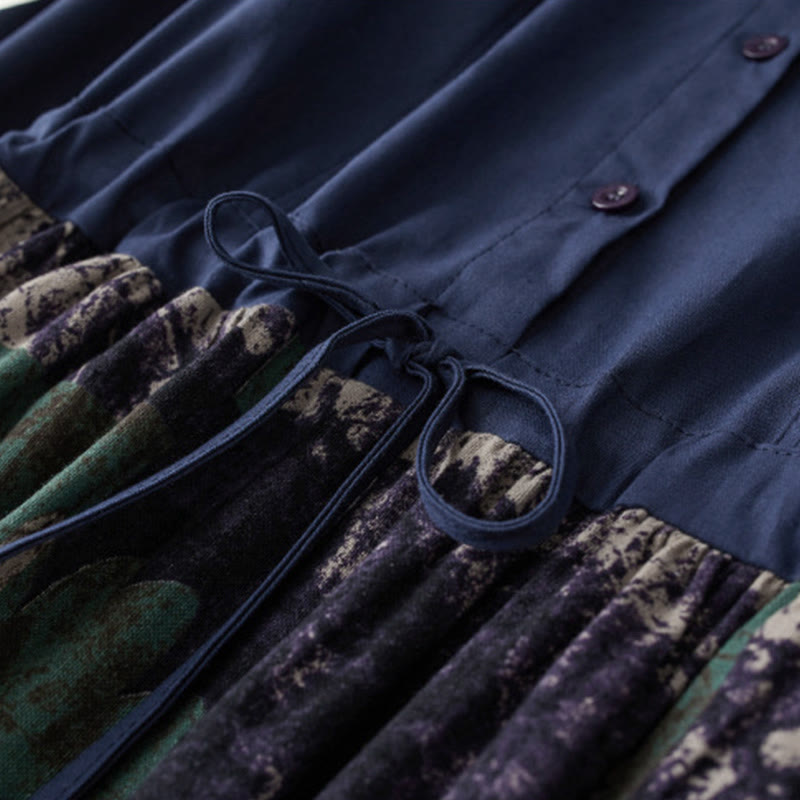 Buddha Stones Herbstbedrucktes Patchwork-Design Leinen-Midikleid mit Kordelzug, langen Ärmeln und Taschen - image 4