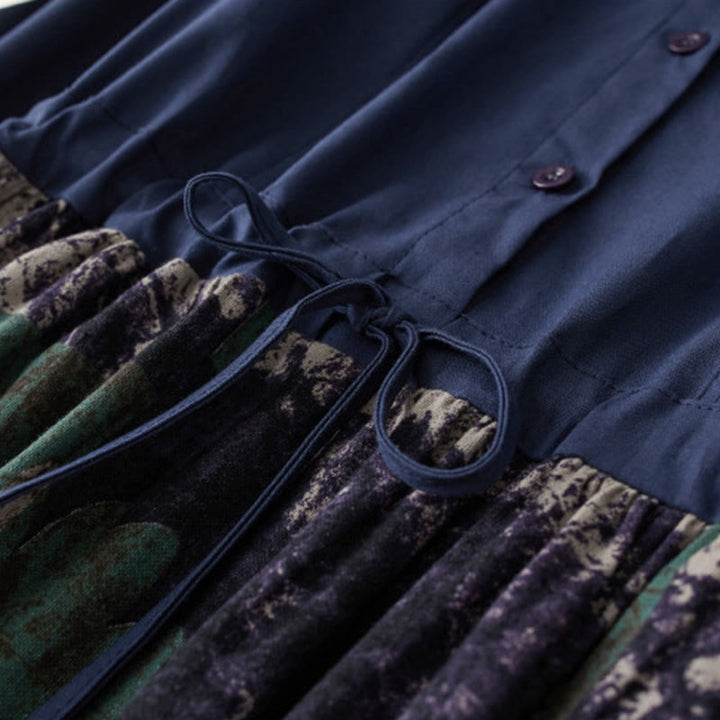 Buddha Stones Herbstbedrucktes Patchwork-Design Leinen-Midikleid mit Kordelzug, langen Ärmeln und Taschen - image 4