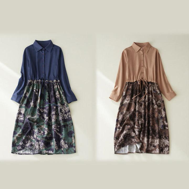 Buddha Stones Herbstbedrucktes Patchwork-Design Leinen-Midikleid mit Kordelzug, langen Ärmeln und Taschen - image 14