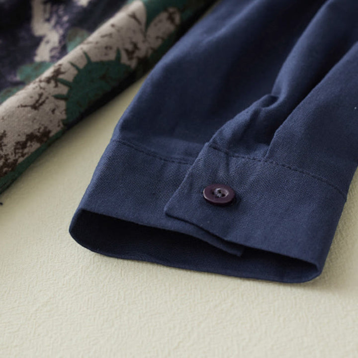 Buddha Stones Herbstbedrucktes Patchwork-Design Leinen-Midikleid mit Kordelzug, langen Ärmeln und Taschen - image 7