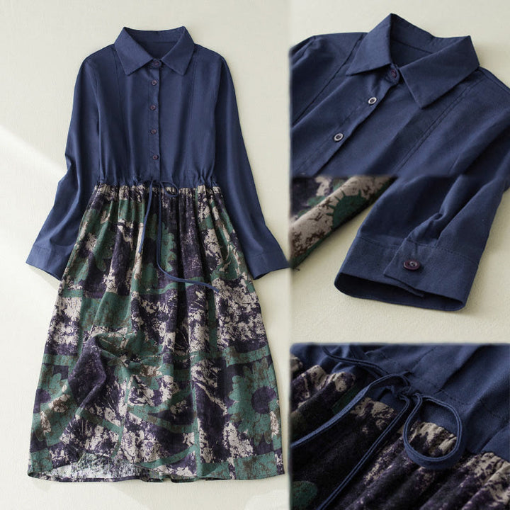 Buddha Stones Herbstbedrucktes Patchwork-Design Leinen-Midikleid mit Kordelzug, langen Ärmeln und Taschen - image 8