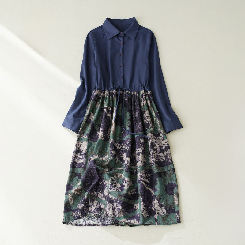 Buddha Stones Herbstbedrucktes Patchwork-Design Leinen-Midikleid mit Kordelzug, langen Ärmeln und Taschen - Dunkelblau - US 8-10, UK/AU 12-14, EU 40-42 (2XL) - image 1