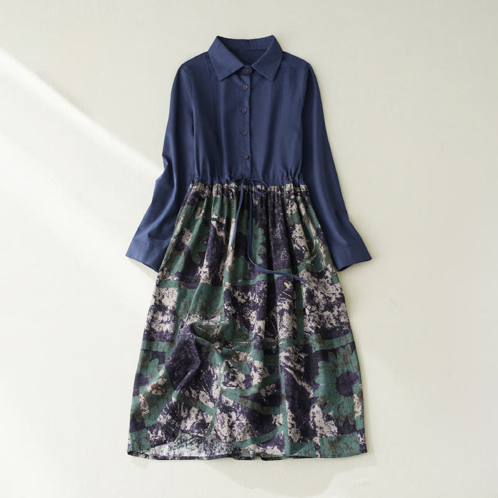 Buddha Stones Herbstbedrucktes Patchwork-Design Leinen-Midikleid mit Kordelzug, langen Ärmeln und Taschen - Dunkelblau - US 8-10, UK/AU 12-14, EU 40-42 (2XL) - image 1