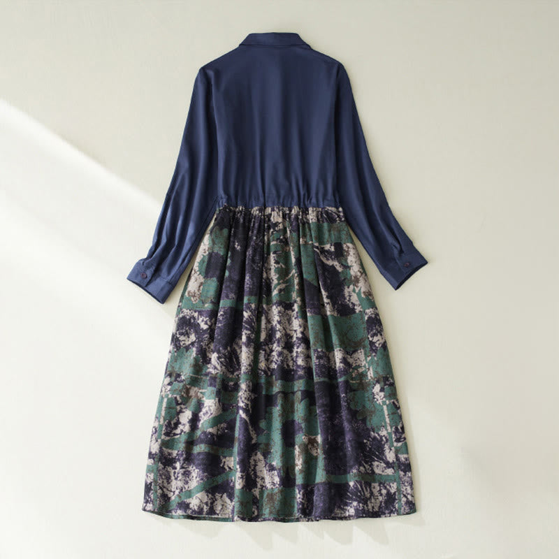 Buddha Stones Herbstbedrucktes Patchwork-Design Leinen-Midikleid mit Kordelzug, langen Ärmeln und Taschen - image 2