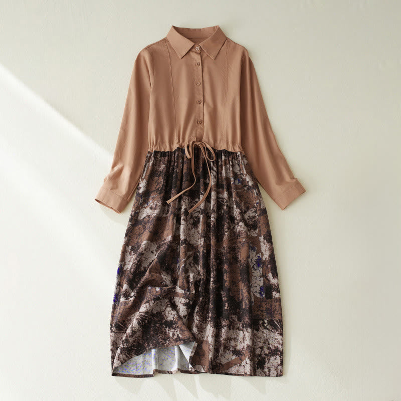 Buddha Stones Herbstbedrucktes Patchwork-Design Leinen-Midikleid mit Kordelzug, langen Ärmeln und Taschen - SandyBrown - US 8-10, UK/AU 12-14, EU 40-42 (2XL) - image 11