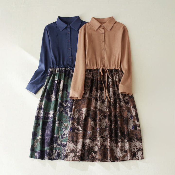 Buddha Stones Herbstbedrucktes Patchwork-Design Leinen-Midikleid mit Kordelzug, langen Ärmeln und Taschen - image 0