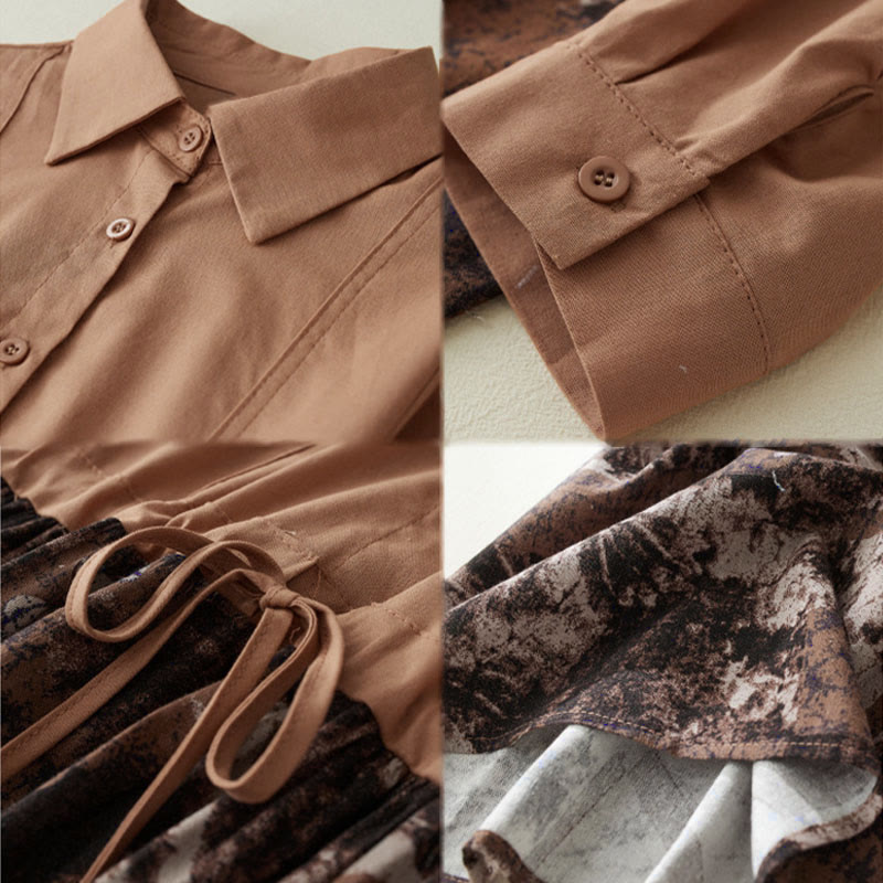 Buddha Stones Herbstbedrucktes Patchwork-Design Leinen-Midikleid mit Kordelzug, langen Ärmeln und Taschen - image 13