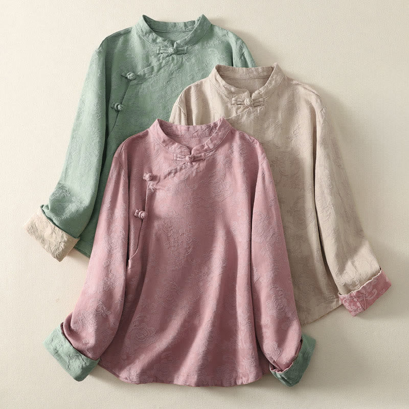 Buddha Stones Jacquard Diagonal Placket Langarm Damen Baumwoll-Leinen-Knöpfe - image 0