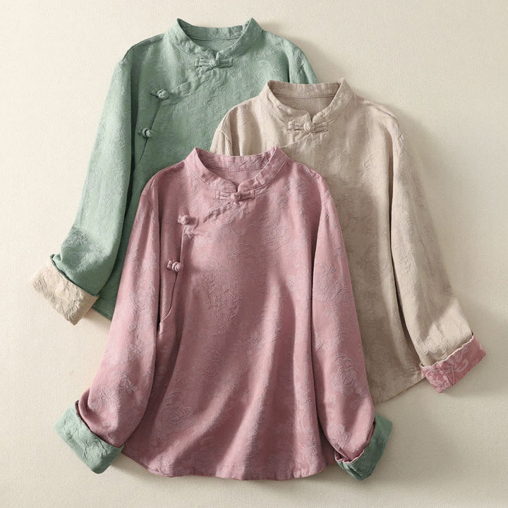 Buddha Stones Jacquard Diagonal Placket Langarm Damen Baumwoll-Leinen-Knöpfe - image 0