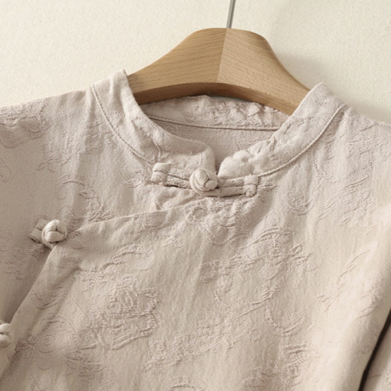 Buddha Stones Jacquard Diagonal Placket Langarm Damen Baumwoll-Leinen-Knöpfe - image 2