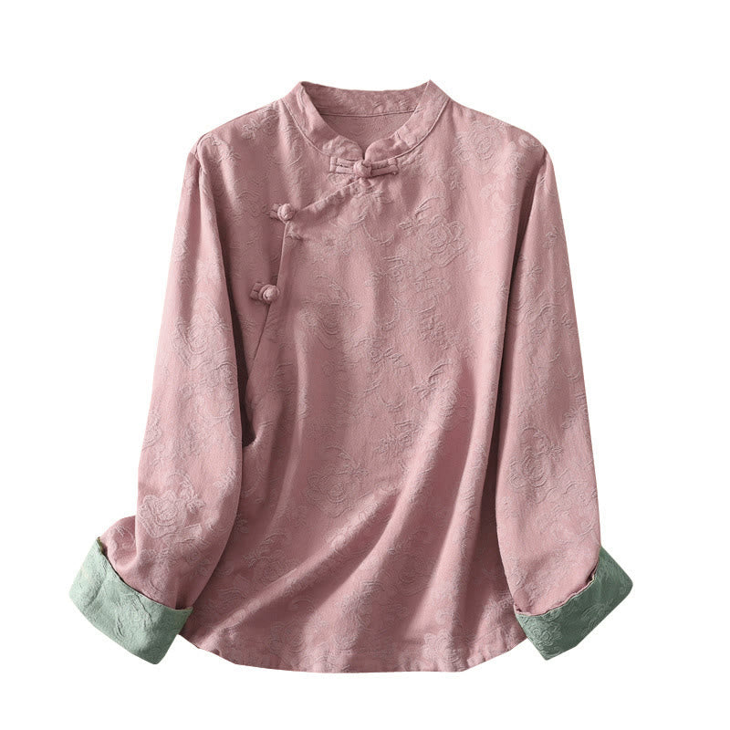 Buddha Stones Jacquard Diagonal Placket Langarm Damen Baumwoll-Leinen-Knöpfe - image 20