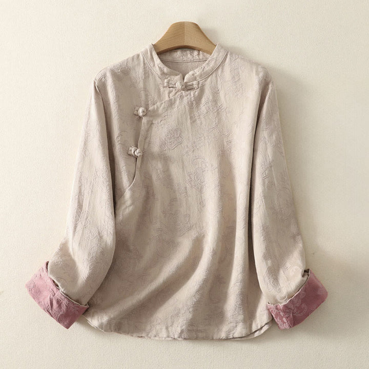 Buddha Stones Jacquard Diagonal Placket Langarm Damen Baumwoll-Leinen-Knöpfe - Leinen - US 8-10, UK/AU 12-14, EU 40-42 (2XL) - image 1