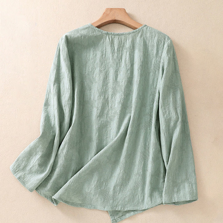 Buddha Stones ​​Jacquard-Langarmshirt mit unregelmäßigem Saum und Faltenmuster für Damen - image 34