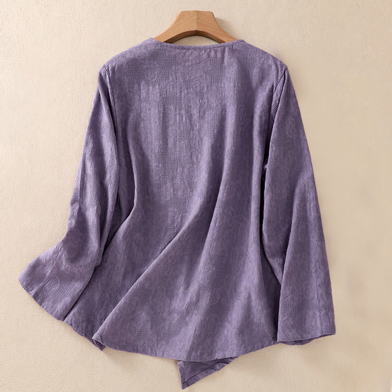 Buddha Stones ​​Jacquard-Langarmshirt mit unregelmäßigem Saum und Faltenmuster für Damen - image 1