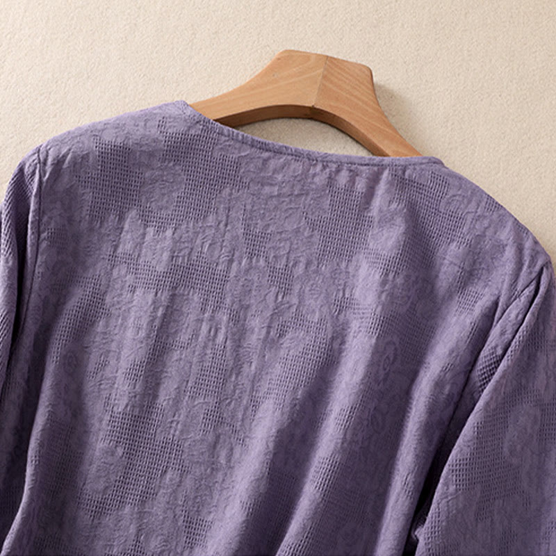 Buddha Stones ​​Jacquard-Langarmshirt mit unregelmäßigem Saum und Faltenmuster für Damen - image 3
