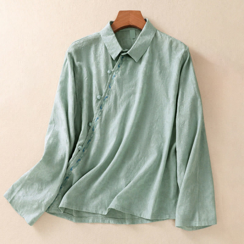 Buddha Stones ​​Herbststickerei, asymmetrisches Design, Froschknopf, Damen-Baumwoll-Langarmshirt - Mittel-Aquamarin - US 8-10, UK/AU 12-14, EU 40-42 (2XL) - image 0