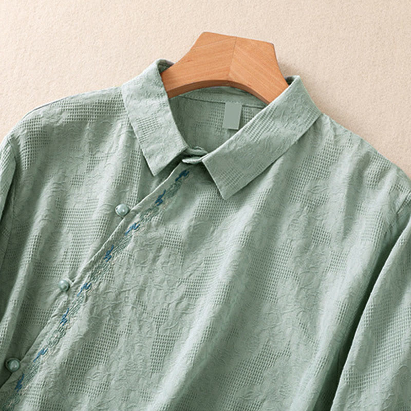 Buddha Stones ​​Herbststickerei, asymmetrisches Design, Froschknopf, Damen-Baumwoll-Langarmshirt - image 2