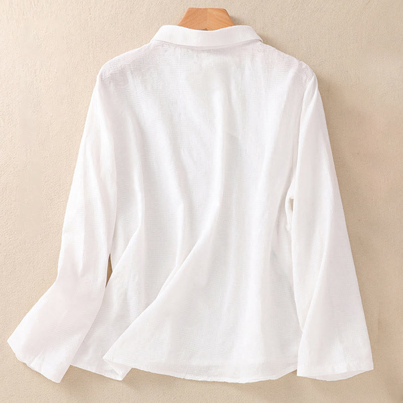 Buddha Stones ​​Herbststickerei, asymmetrisches Design, Froschknopf, Damen-Baumwoll-Langarmshirt - image 8