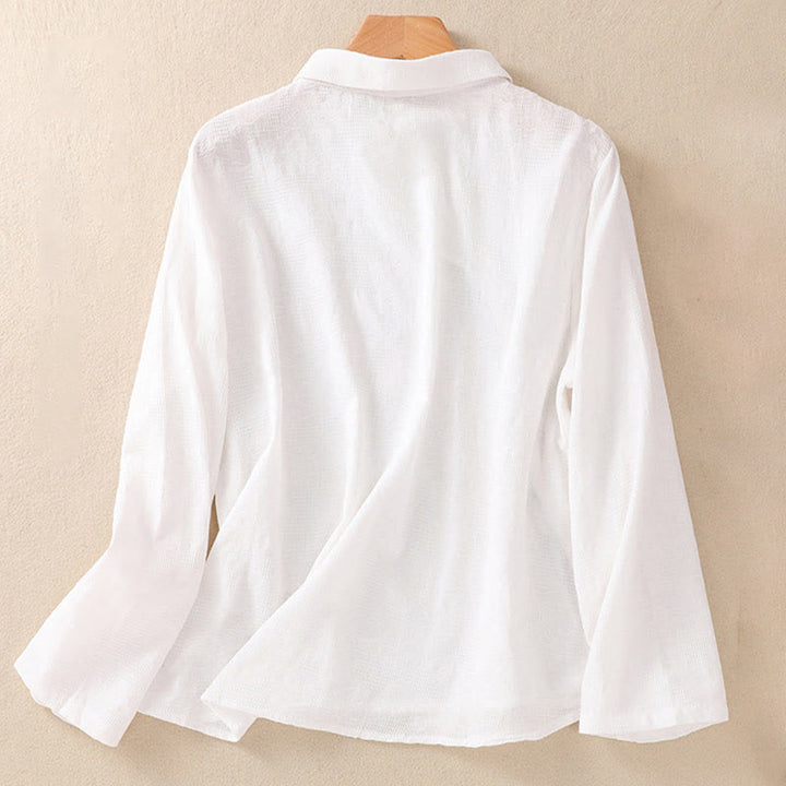 Buddha Stones ​​Herbststickerei, asymmetrisches Design, Froschknopf, Damen-Baumwoll-Langarmshirt - image 8