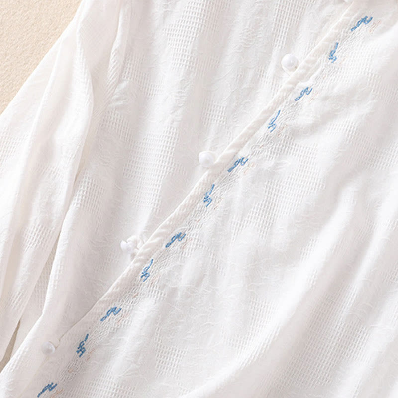 Buddha Stones ​​Herbststickerei, asymmetrisches Design, Froschknopf, Damen-Baumwoll-Langarmshirt - image 11