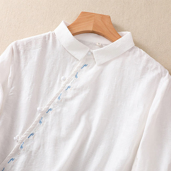 Buddha Stones ​​Herbststickerei, asymmetrisches Design, Froschknopf, Damen-Baumwoll-Langarmshirt - image 9