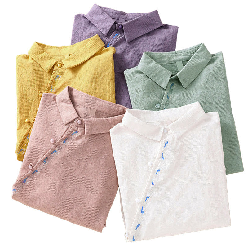 Buddha Stones ​​Herbststickerei, asymmetrisches Design, Froschknopf, Damen-Baumwoll-Langarmshirt - image 40