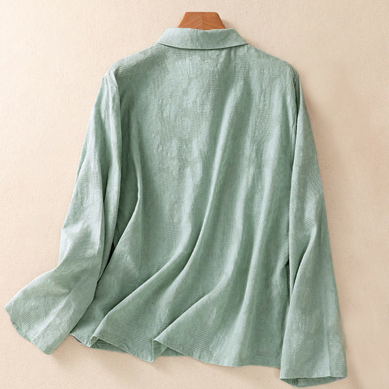 Buddha Stones ​​Herbststickerei, asymmetrisches Design, Froschknopf, Damen-Baumwoll-Langarmshirt - image 1