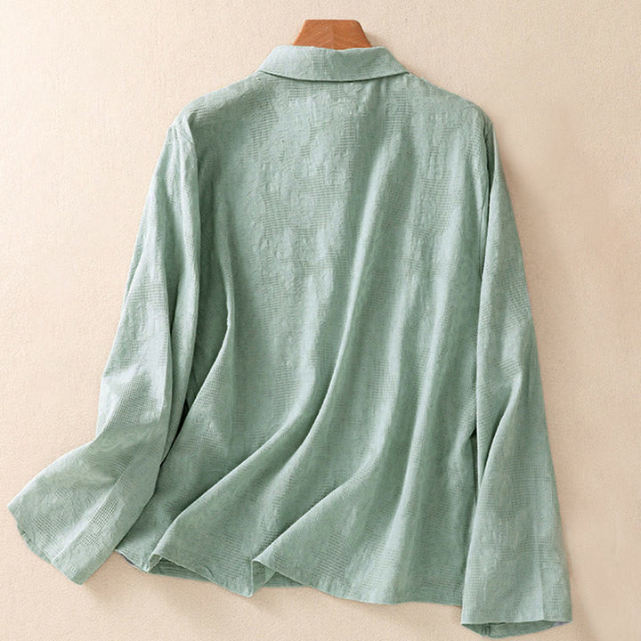 Buddha Stones ​​Herbststickerei, asymmetrisches Design, Froschknopf, Damen-Baumwoll-Langarmshirt - image 1