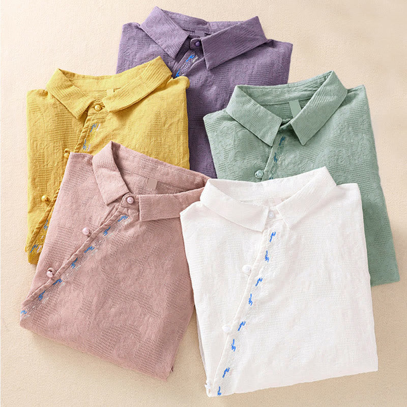 Buddha Stones ​​Herbststickerei, asymmetrisches Design, Froschknopf, Damen-Baumwoll-Langarmshirt - image 38