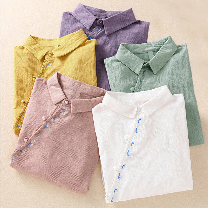 Buddha Stones ​​Herbststickerei, asymmetrisches Design, Froschknopf, Damen-Baumwoll-Langarmshirt - image 38